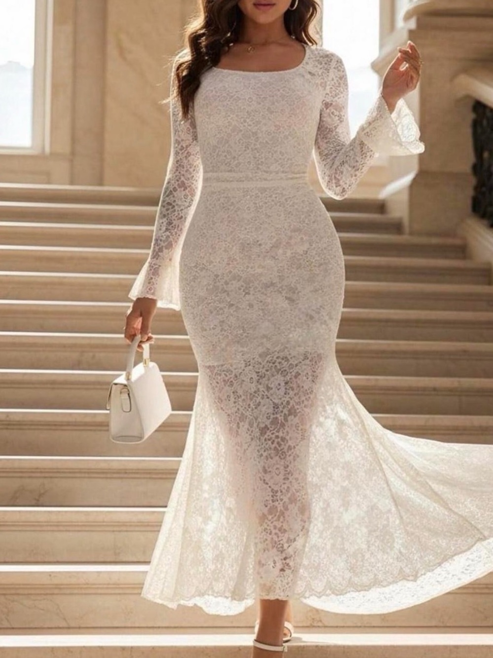 & Other Stories Ivory Lace Maxi Dress with Flared Hem